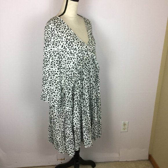 ASOS Shift Dress Sz 14 Womans White Black Animal Print V-Neck Ruffle Long Sleeve - Picture 2 of 13